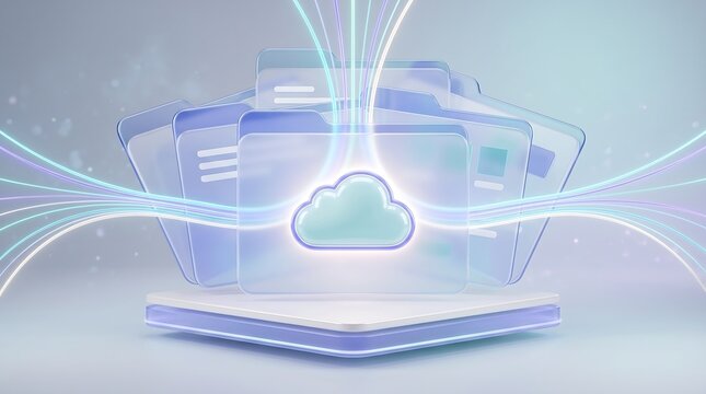 Cloud storage file management system with glowing folders and data streams converging into central cloud icon for enterprise digital architecture and connectivity
