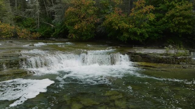 Orbiting a forest waterfall cascading over limestone, Manitoulin Island