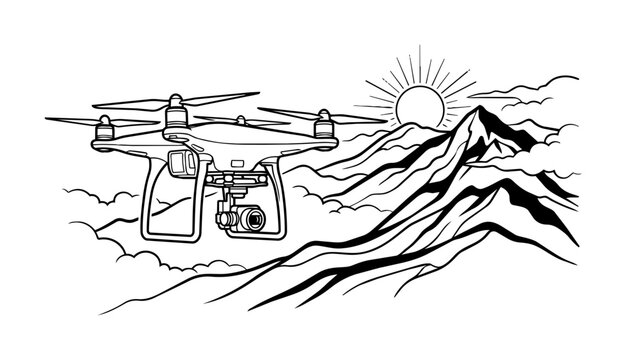 Quadcopter Drone Flying Over Mountain Landscape Line Art Illustration.