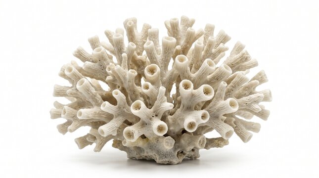 Solenosmilia variabilis skeleton featuring tubular calices isolated against a plain white backdrop.