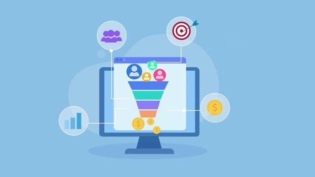 Flat vector animation showing a desktop monitor with a colorful marketing funnel, customer profile icons, target, analytics, and revenue symbols for AI-powered lead generation and sales conversion opt