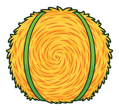 Round yellow hay bale with green ribbons isolated on white background