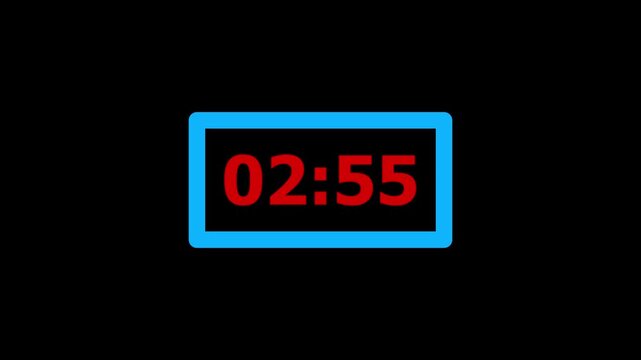 Red digital countdown clock inside blue glowing frame on black background clip