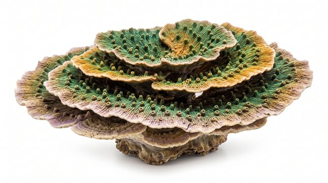 Echinopora gemmacea specimen showing intricate polyp details across stacked green and brown circular tiers on a white surface.
