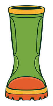 Green rubber rain boot with orange sole isolated pixel art style