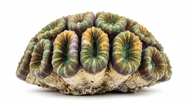 Lobophyllia corymbosa specimen features rounded greenish-brown calices isolated against a plain white background.