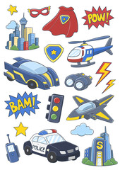 Superhero gear with vancouver skyline, city buildings, police cruiser, helicopter, aircraft, traffic lights, binoculars suitable for superhero themed designs and cityscape concepts © IqbalShofa Creative