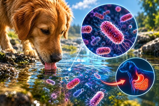 Dog Drinking Contaminated Water with Harmful Bacteria, Pet Health and Microbial Infection Concept