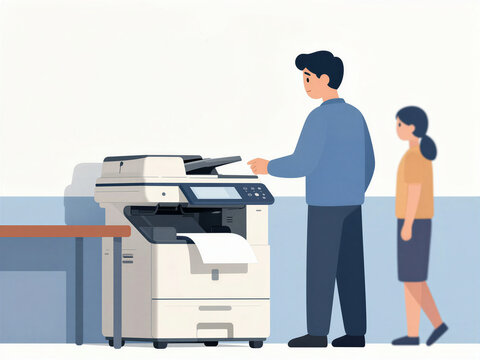 Two Coworkers beside an Office Printer, Flat Illustration