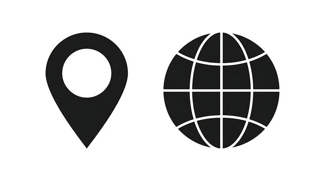 Black map location pin and earth globe icons set
