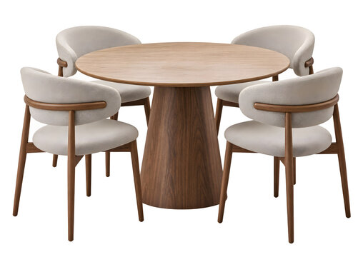 Modern Round Wooden Dining Table with Four Beige Upholstered Chairs Isolated on Transparent Background