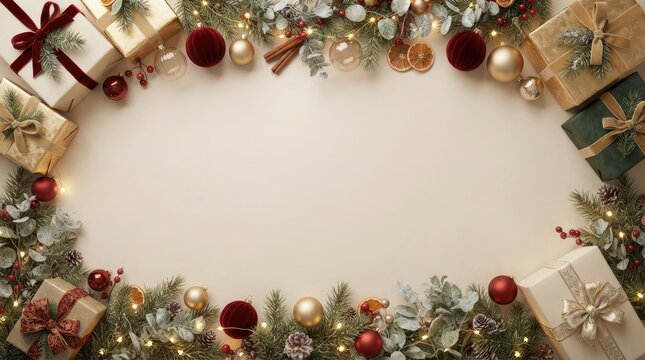 Elegant christmas border with pine garlands and gift packages on light surface with central copy space