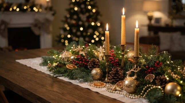 Christmas table centerpiece with candles and evergreen branches on wooden surface