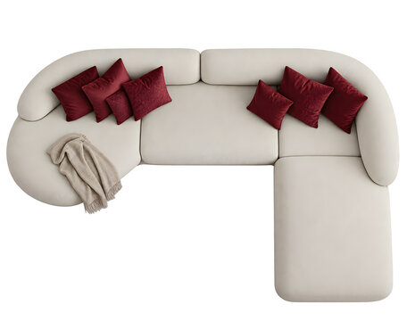 Cream L-Shaped Sectional Sofa with Burgundy Throw Pillows, Top View