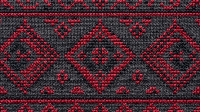 Traditional Red and Black Geometric Embroidery Pattern with Diamond Shapes on Dark Fabric for Ethnic Textile Design and Folk Art Background
