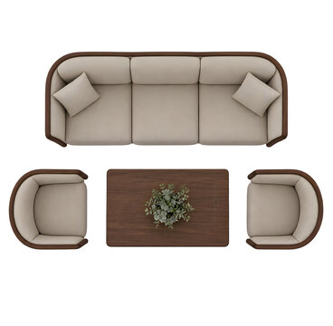 Modern Beige Sofa Set with Armchairs and Wooden Coffee Table, Top View