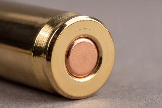 Close Up of Polished Brass Cartridge Casing Showing Base Rim and Primer Cap
