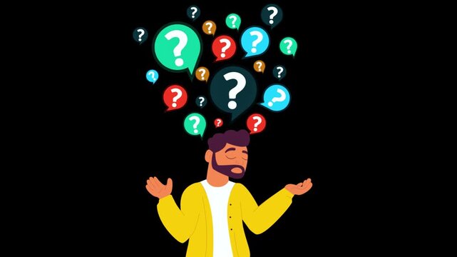 Animated confused man with a beard surrounded by colorful question mark speech bubbles on black background