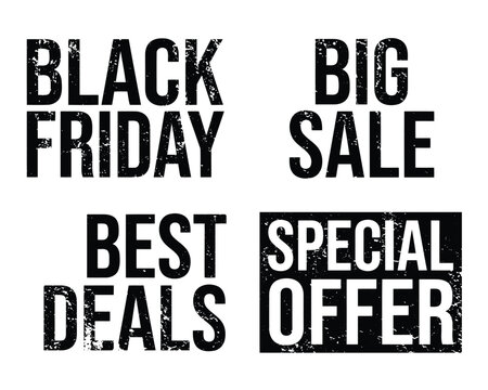 Black friday big sale best deals special offer grunge typography vector stamps set