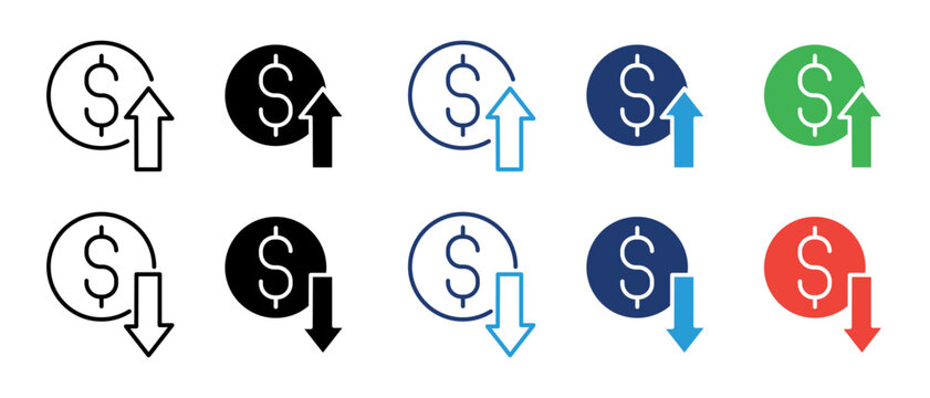 Money increase and decrease icon set, price rise and fall symbols, dollar rate fluctuation and financial movement vector elements, market trend UI graphic signs