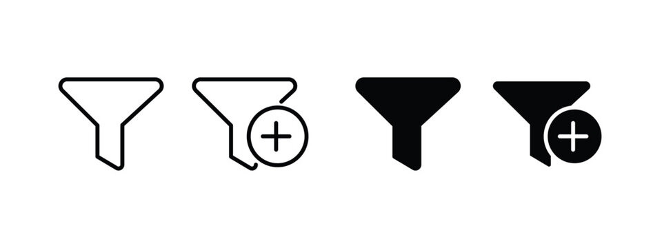 Filter add icon set, data sorting symbols, create filter and plus funnel vector elements, UI graphic signs