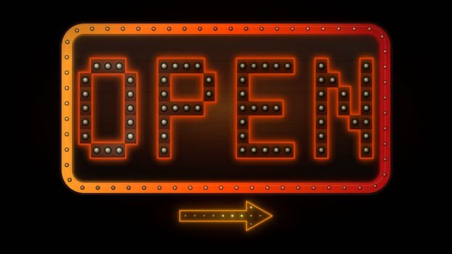 Vintage Retro Marquee Open Sign with Glowing Red and Orange Bulbs and Animated Right Arrow on Black Background