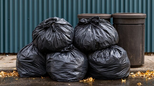 Stacked Black Garbage Bags Beside Bins Against Teal Wall