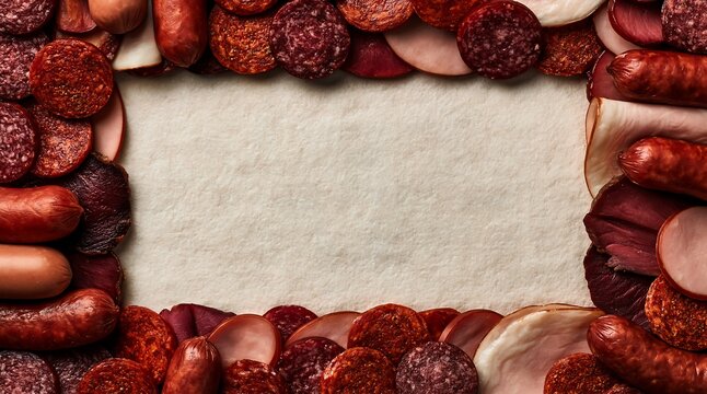 Assorted Salami and Sausages Framing Blank Rustic Paper