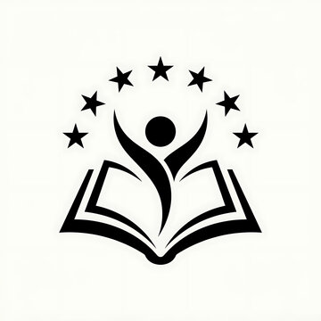 Black silhouette logo of a person reading an open book with stars