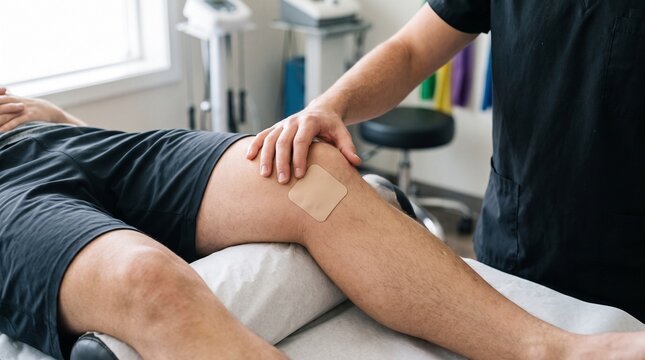 Physical therapist examining patient knee with patch inside bright clinic room