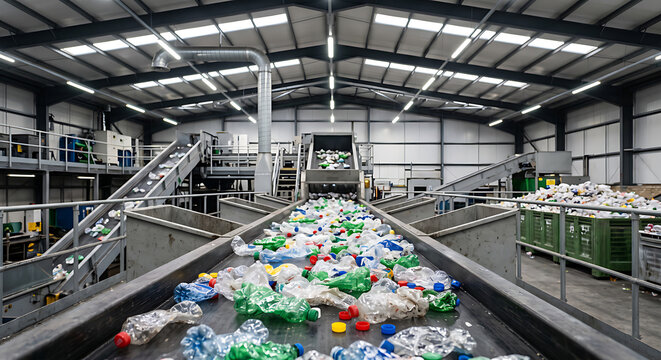 Industrial waste recycling facility with plastic bottles moving along conveyor belts for sorting and processing