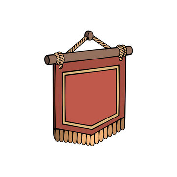 Red medieval hanging flag banner standard with golden fringe rope wooden pole isolated on transparent background vector illustration design