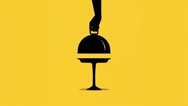 Minimalist Silhouette of Waiter Hand Lifting Food Cloche on Yellow Background