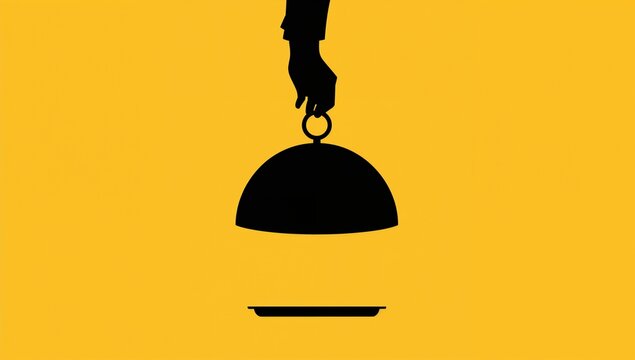 Minimalist Silhouette of Hand Lifting Food Cloche Service Tray on Yellow Background