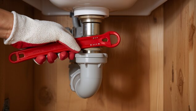 Close-up of Plumber Hand in Glove Repairing Sink Pipe with Red Wrench