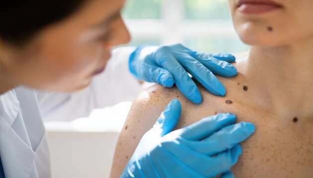 A healthcare professional wearing blue gloves examines a patient's skin for moles or abnormalities on their shoulder.
