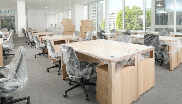 A modern office space with new desks and chairs covered in protective plastic, ready for setup or occupancy.