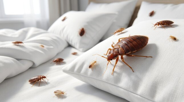 Bed bugs crawling on white pillows and bedding, highlighting an infestation in a bedroom setting.