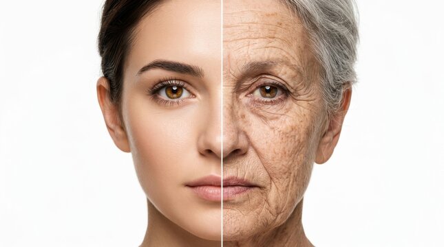 A split-face portrait showing a young woman on the left and an elderly woman on the right, highlighting aging effects on skin texture and appearance.