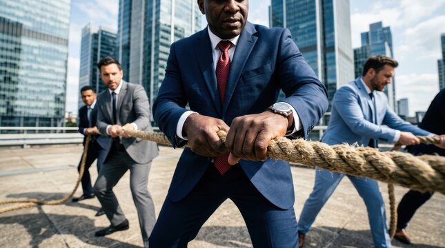 A group of business professionals in suits engage in a tug-of-war on an urban rooftop with skyscrapers in the background.