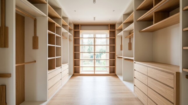 Spacious walk-in closet with wooden shelves, drawers, and hanging rods, illuminated by natural light from a large window.