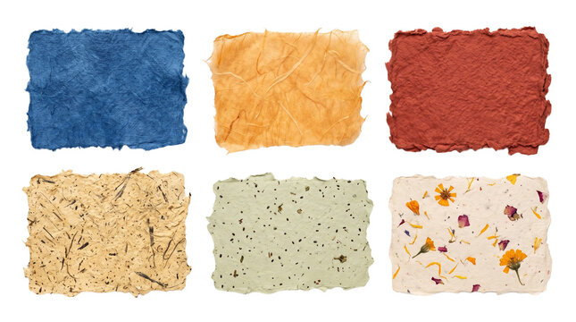 Set of Handmade Artisan Textured Paper Sheets with Deckle Edges and Floral Inclusions