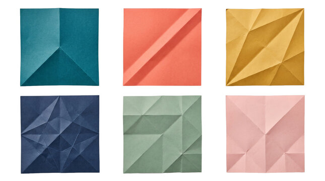 Set of Origami Folded Square Paper Sheets with Crease Lines Patterns