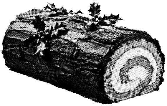 Vintage Yule log cake vector illustration in halftone dot style with black and white retro design, Christmas dessert graphic for holiday menus and seasonal greeting cards