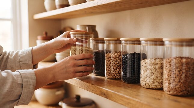 Person organizing glass pantry jars filled with dry goods on a wooden shelf.