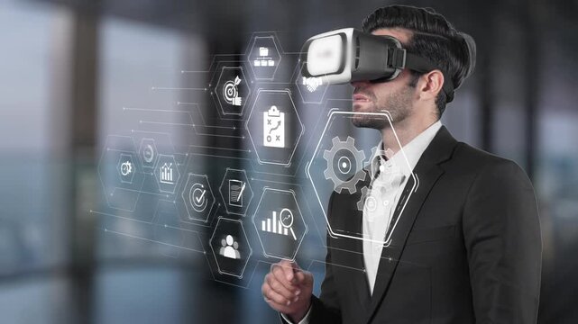 A professional man explores virtual reality technology in a modern office, engaging with interactive digital tools that represent innovation and future trends. Raster