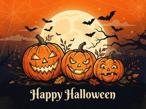 Happy Halloween jack o lanterns with bats and moon