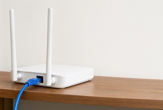 White router with a blue Ethernet cable on a wooden shelf