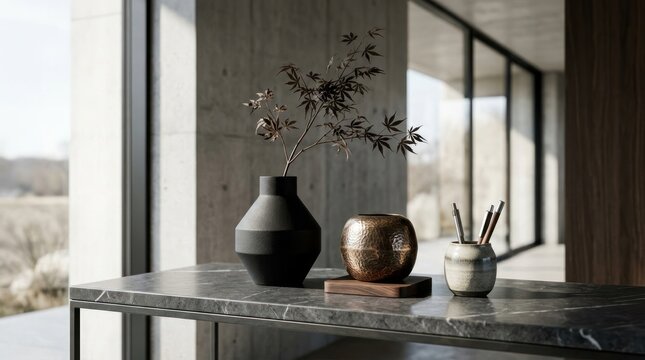 Minimalist interior decor with vases and plant