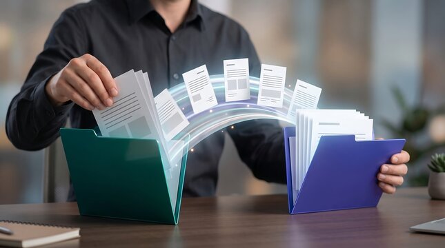 Business man transferring files into virtual folder system with dynamic light trails symbolizing digital asset management and efficient corporate data organization processes